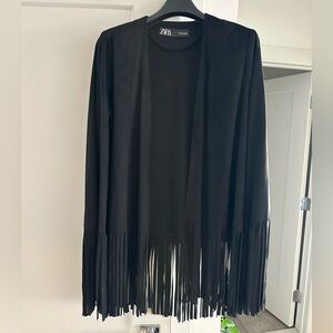 Zara Women's Black Fringe Lightweight Suede Jacket Size Large